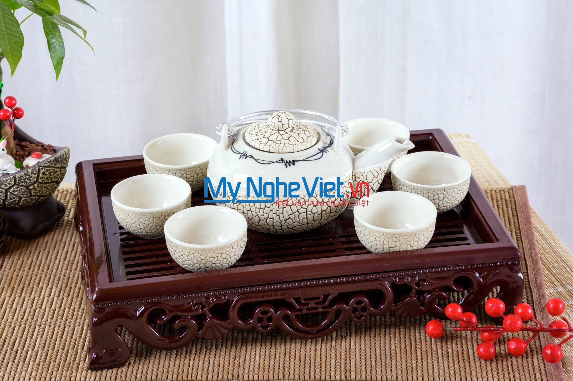Bộ bình trà ( Ấm chén ) men rạn trứng trắng MNV-BT200/2 (HÀNG ĐẶT)