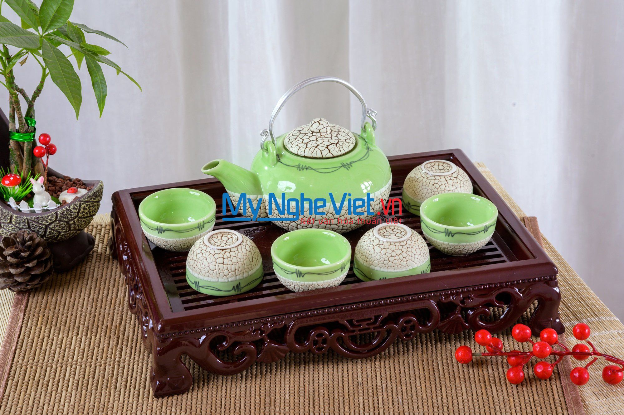 Bộ bình trà ( Ấm chén ) men rạn trứng xanh lá MNV-BT203 (HÀNG ĐẶT)