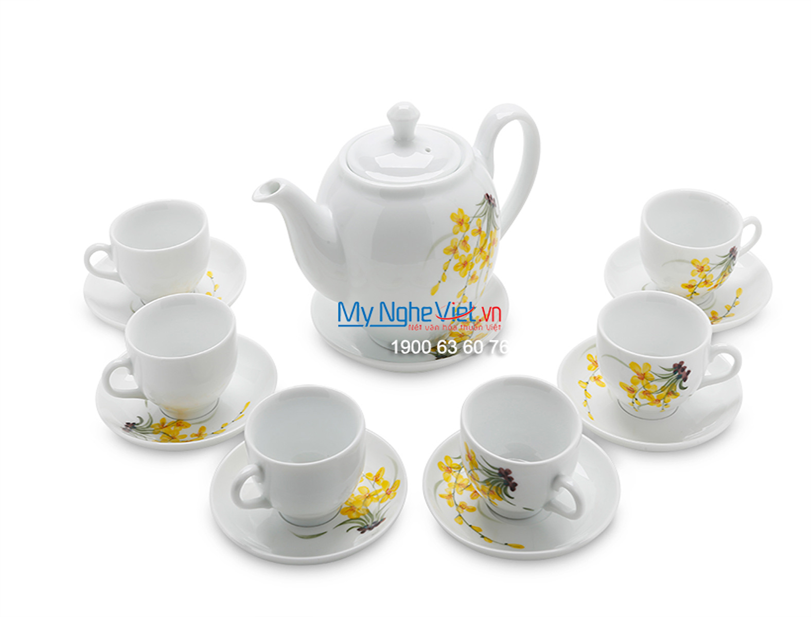 Bộ bình trà men trắng vẽ hoa lan vàng MNV-TS464 (HÀNG ĐẶT)