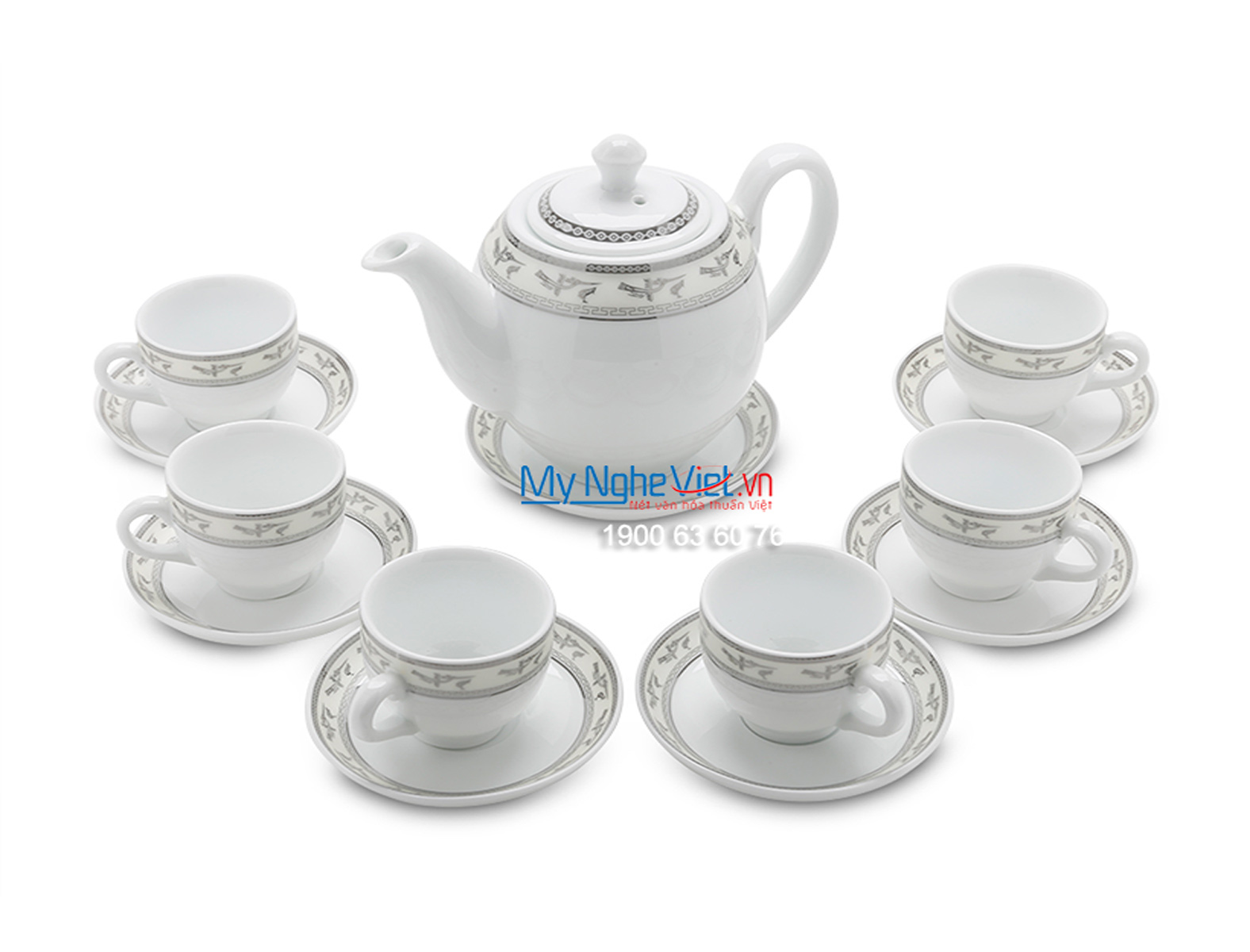 Bộ bình trà men trắng vẽ hạc viền chỉ bạc MNV-TS469