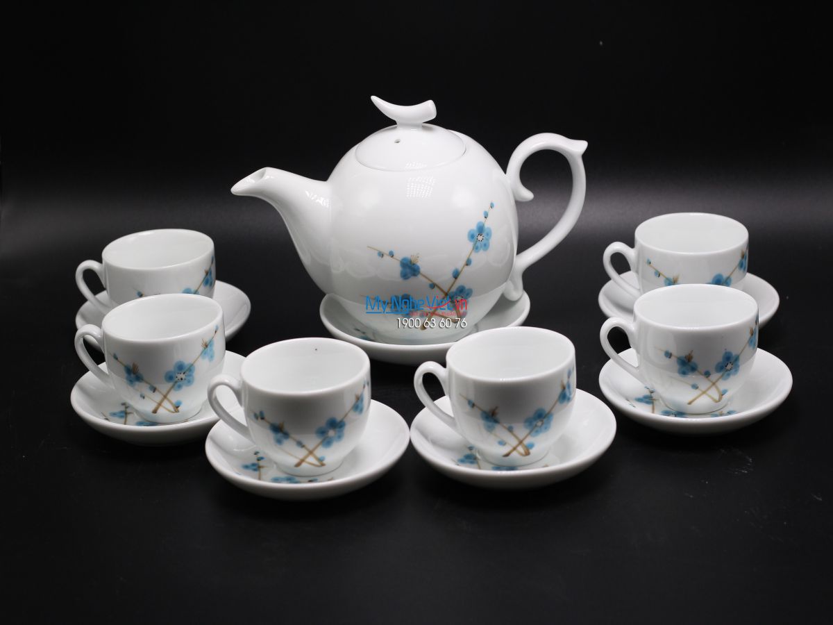 Bộ bình trà men trắng vẽ hoa đào xanh MNV-TS540-1 (HÀNG ĐẶT)