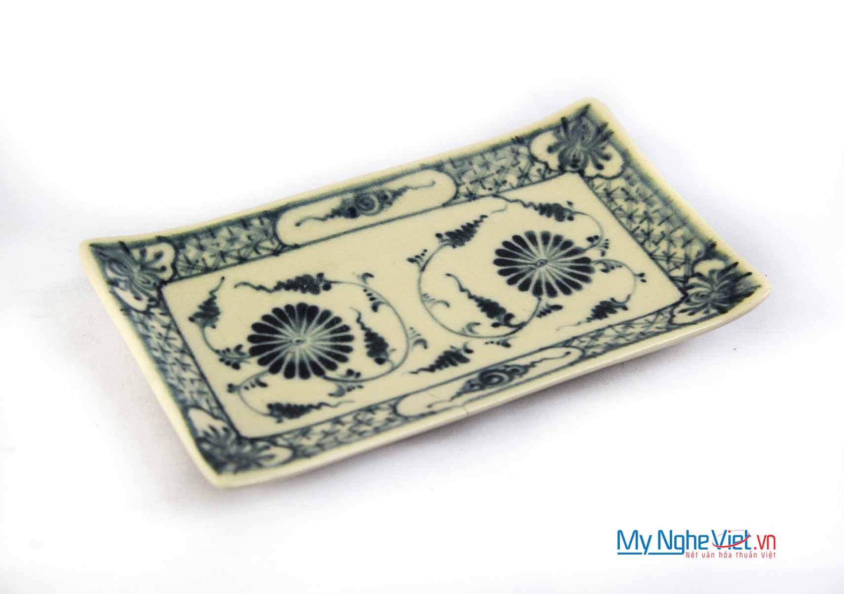 Đĩa chữ nhật khăn ăn gốm Bát Tràng hoa văn hoa cúc xanh MNV-BOA17-2