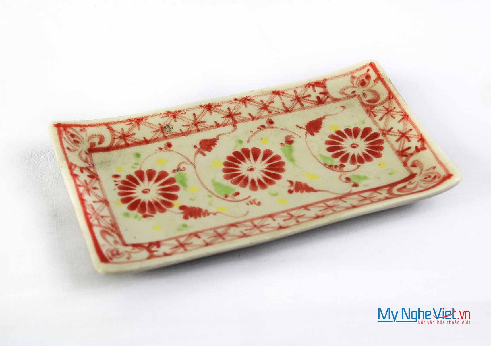 Đĩa chữ nhật khăn ăn gốm Bát Tràng hoa văn hoa cúc đỏ MNV-BOA17