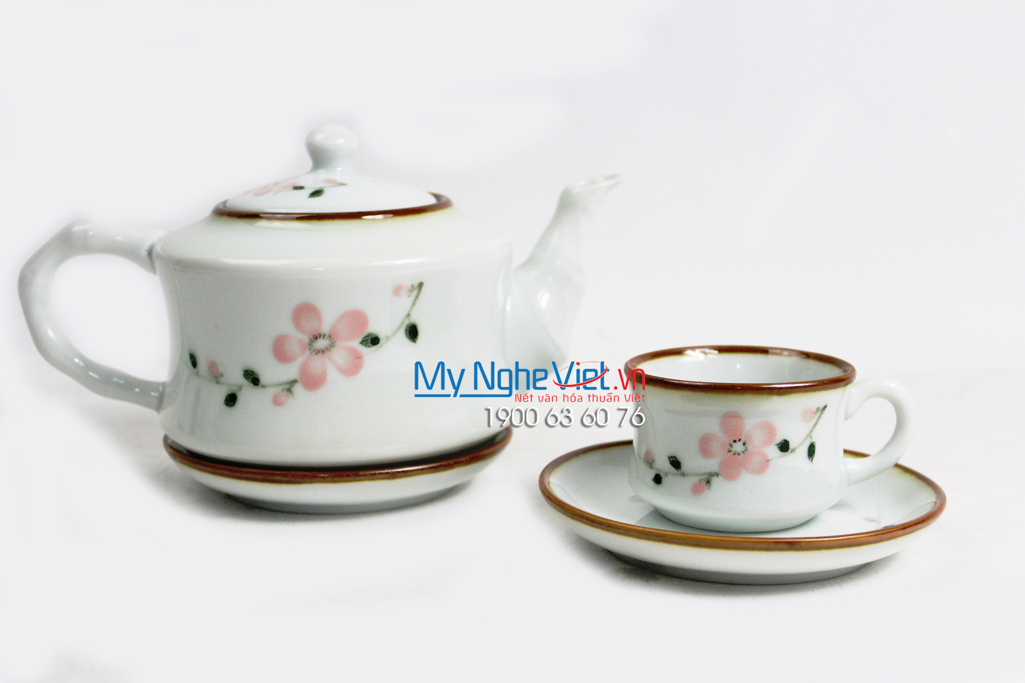 Bộ bình trà cao cấp men trắng vẽ hoa đào đỏ MNV-TS496 (HÀNG ĐẶT)