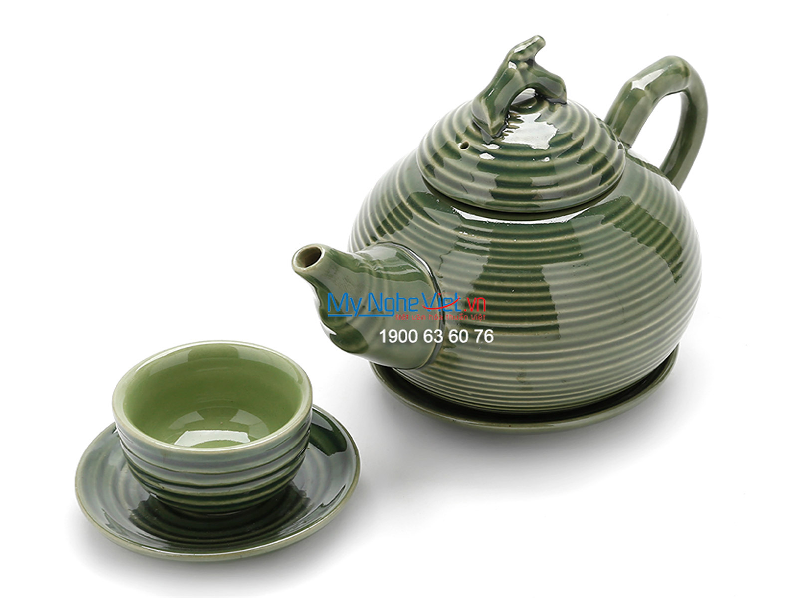Bộ bình trà Bát Tràng men bóng dáng trúc ganh xanh đồng MNV-TS489