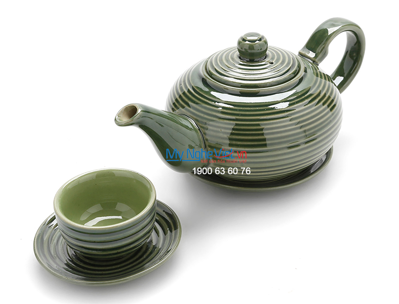 Bộ bình trà Bát Tràng men bóng dáng bưởi ganh xanh đồng MNV-TS491