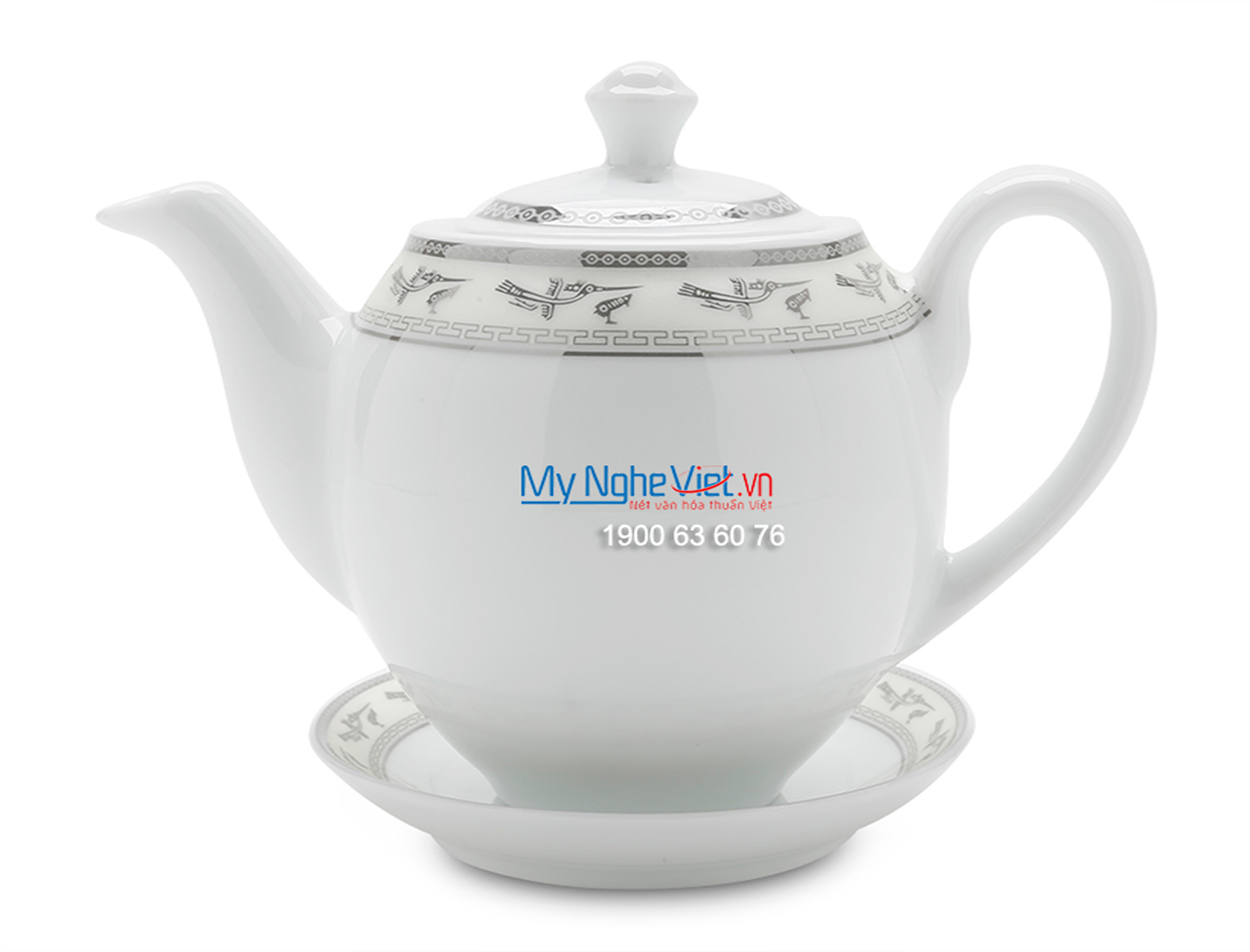 Bộ bình trà men trắng vẽ hạc viền chỉ bạc MNV-TS469 (HÀNG ĐẶT)