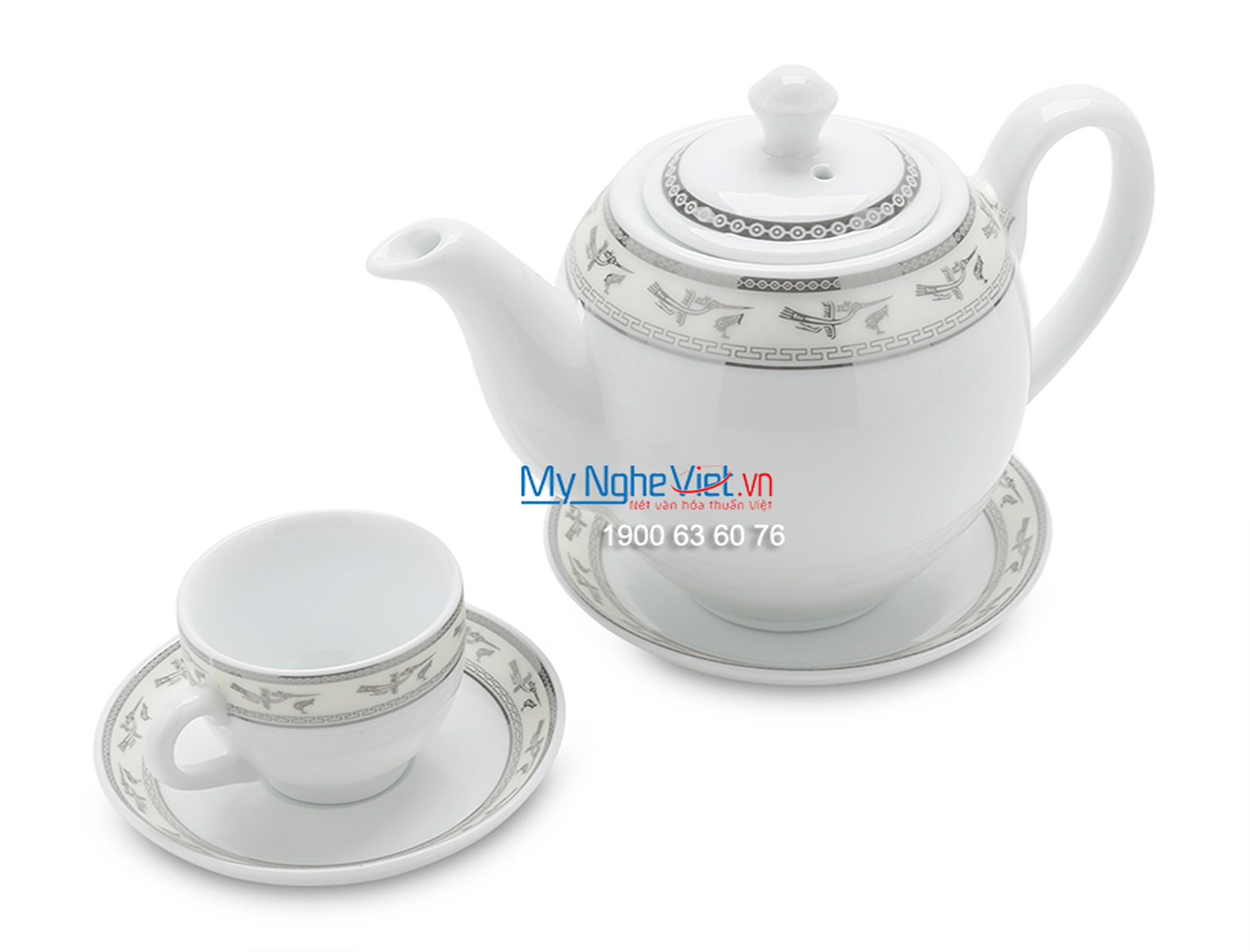 Bộ bình trà men trắng vẽ hạc viền chỉ bạc MNV-TS469 (HÀNG ĐẶT)