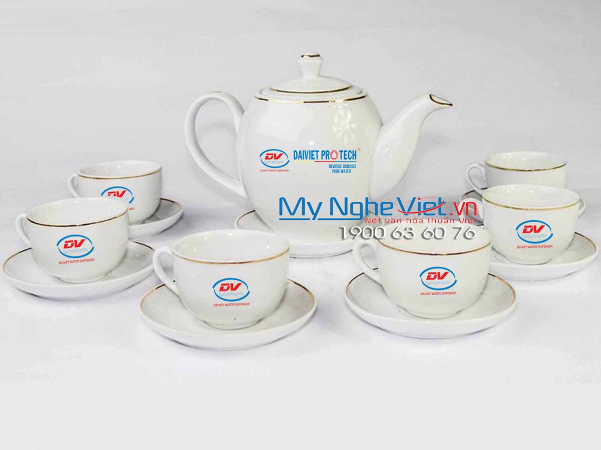 Bộ bình trà men trắng viền chỉ vàng kim  MNV-TS071 - DaiViet Protech (HÀNG ĐẶT)