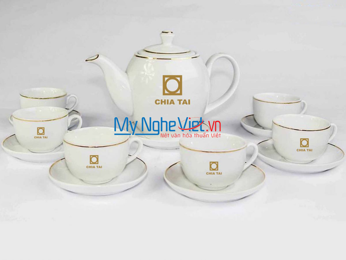 Bộ bình trà men trắng viền chỉ vàng kim MNV-TS071- Chia Tai