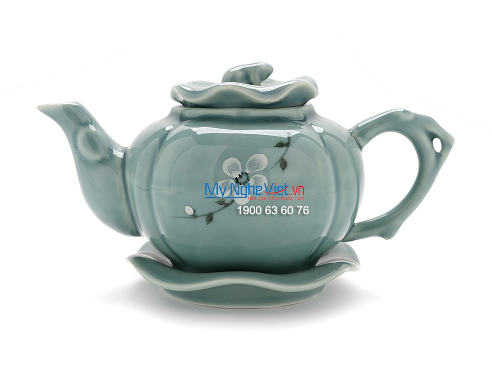 Bộ bình trà cao cấp men xanh lam dáng ếch sen vẽ hoa đào trắng MNV-TS450