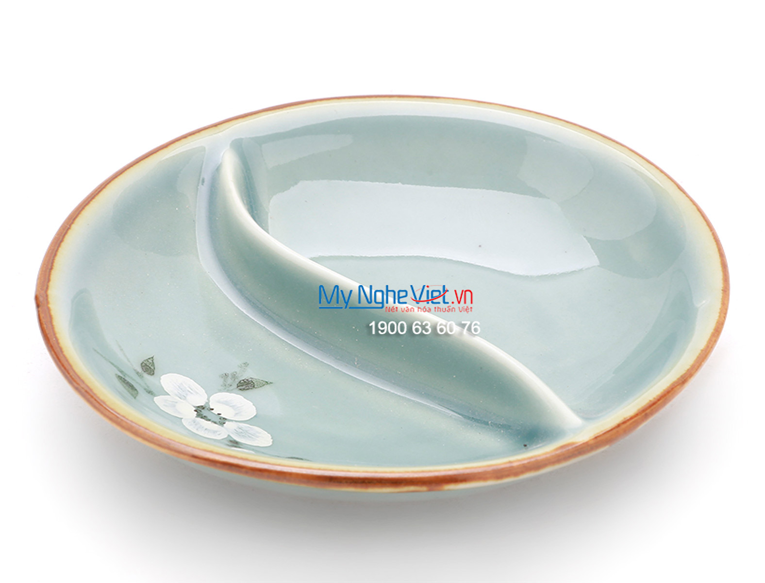 Khay gia vị 2 ngăn men xanh láng vẽ hoa đào BA20-6