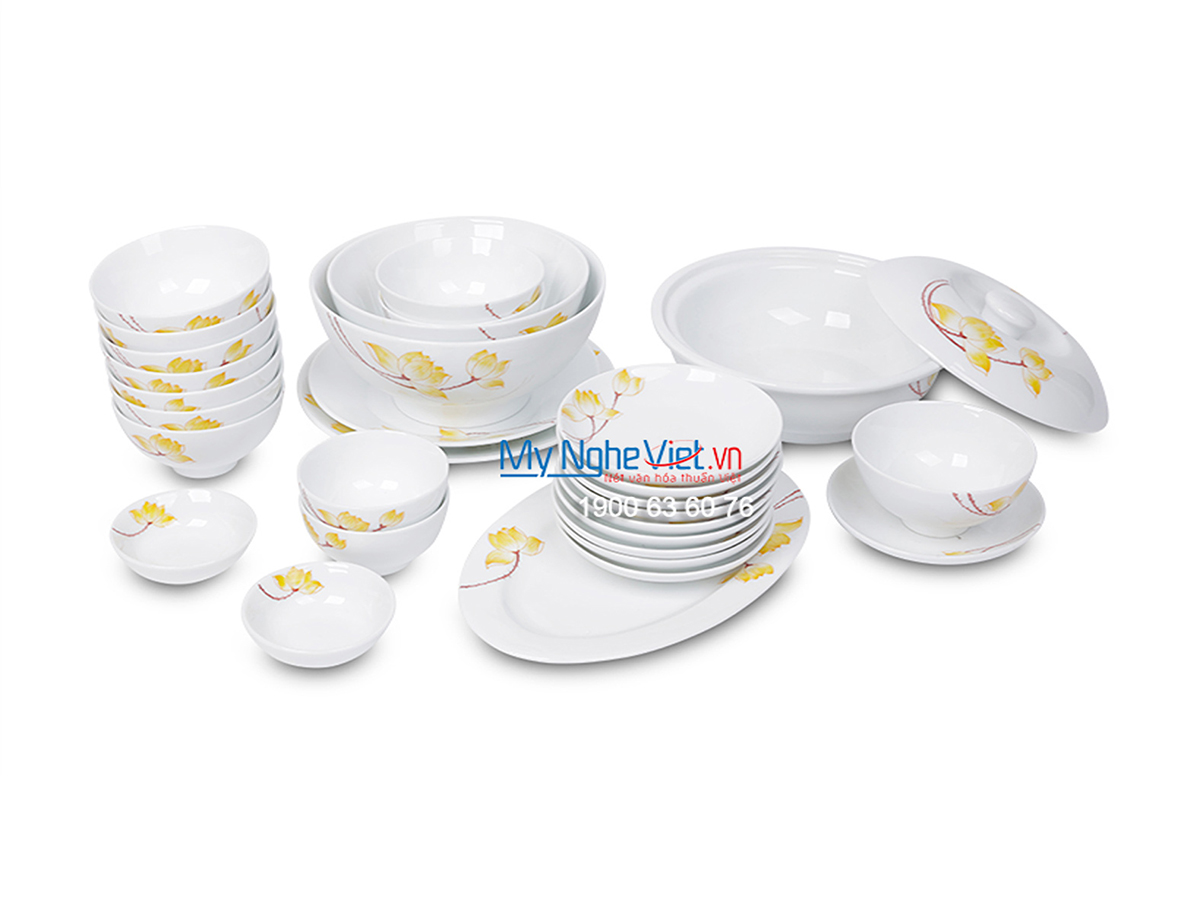 Bộ chén dĩa bàn ăn men trắng vẽ sen vàng dành cho 10 người MNV-BBA02-9