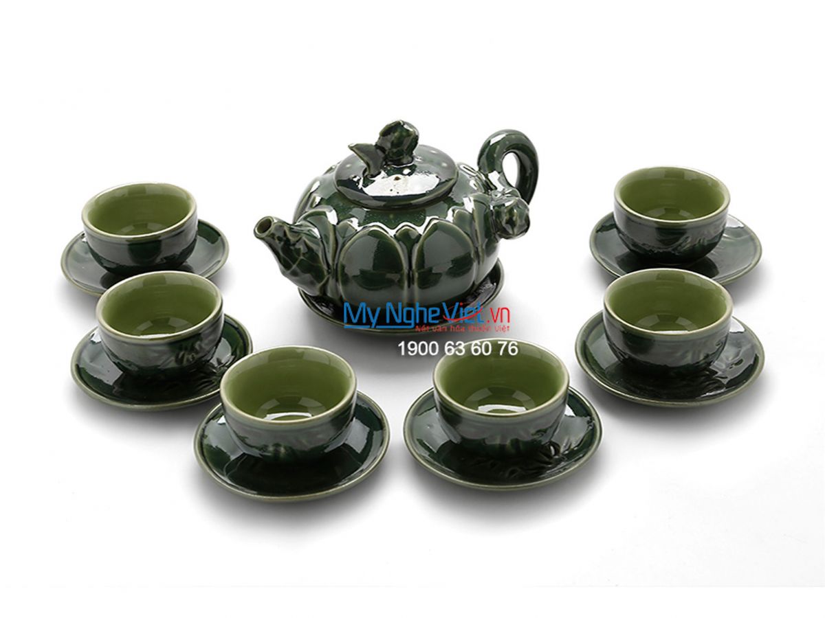Bộ bình trà Bát Tràng sen xanh đồng MNV-TS484