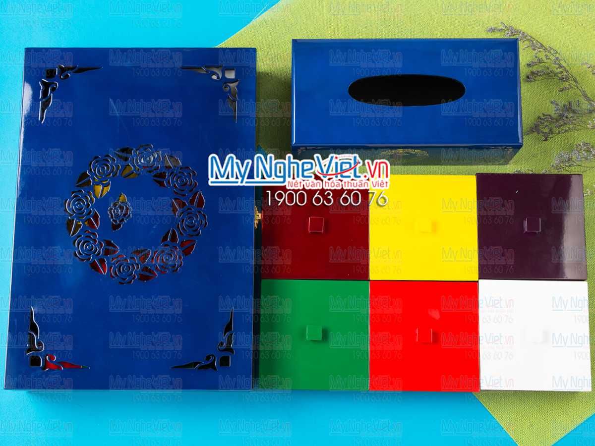 Bộ hộp đựng bánh trung thu 6 bánh + hộp khăn giấy chữ nhật khắc hoa hồng xanh MNV-QT006
