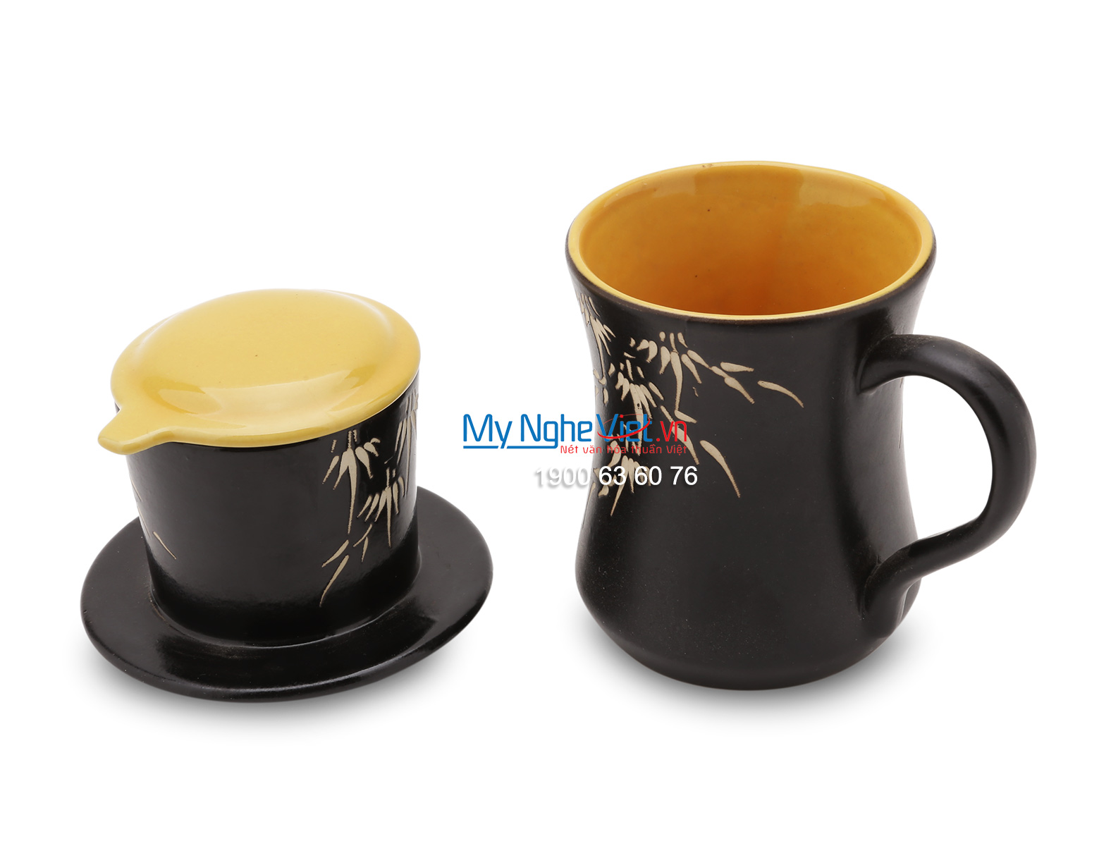 Phin Cafe Gốm Vẽ Lá Trúc Vàng MNV-CF002/1