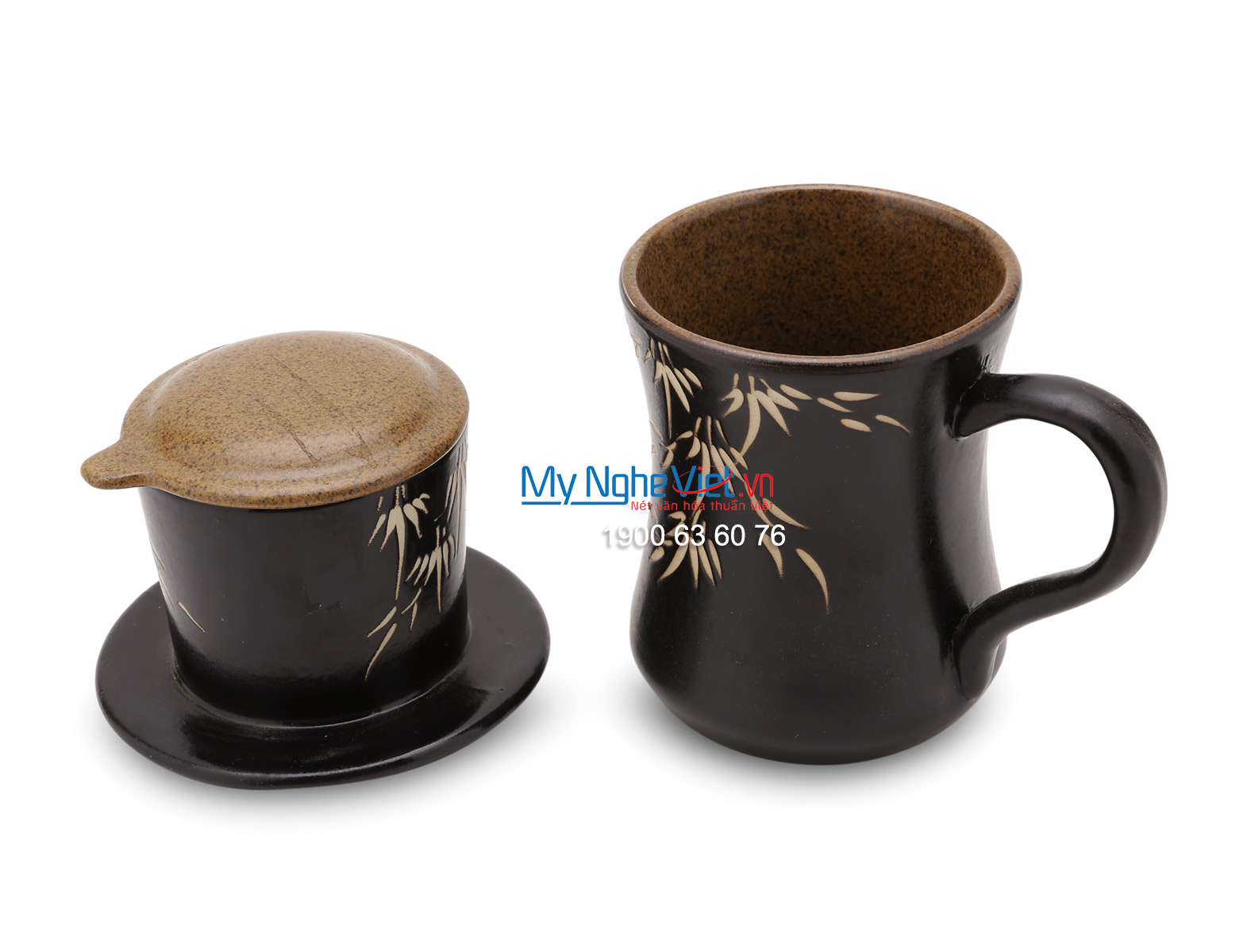 Phin Cafe Gốm Vẽ Lá Trúc Nâu MNV-CF002