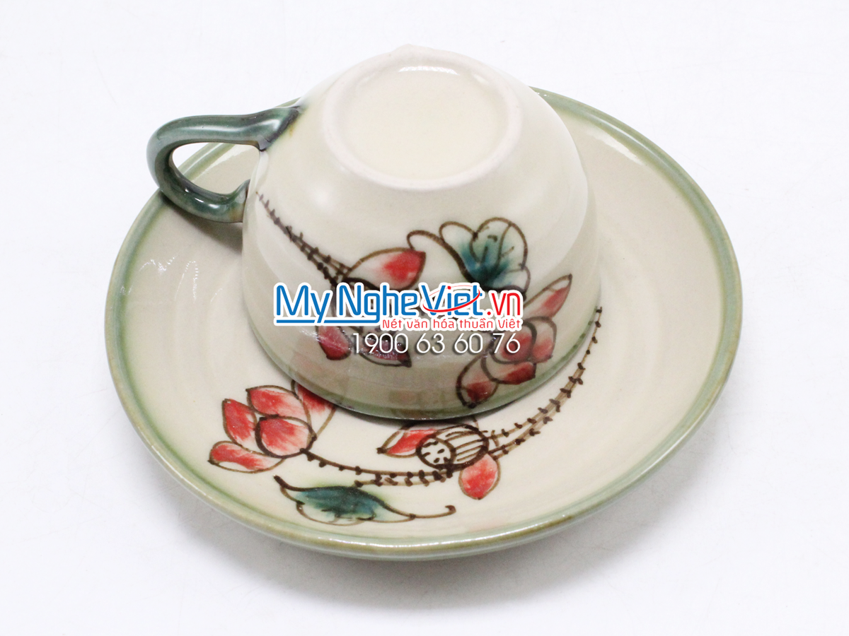 Bộ Bình Trà quai gốm vẽ hoa sen MNV-TS029-5