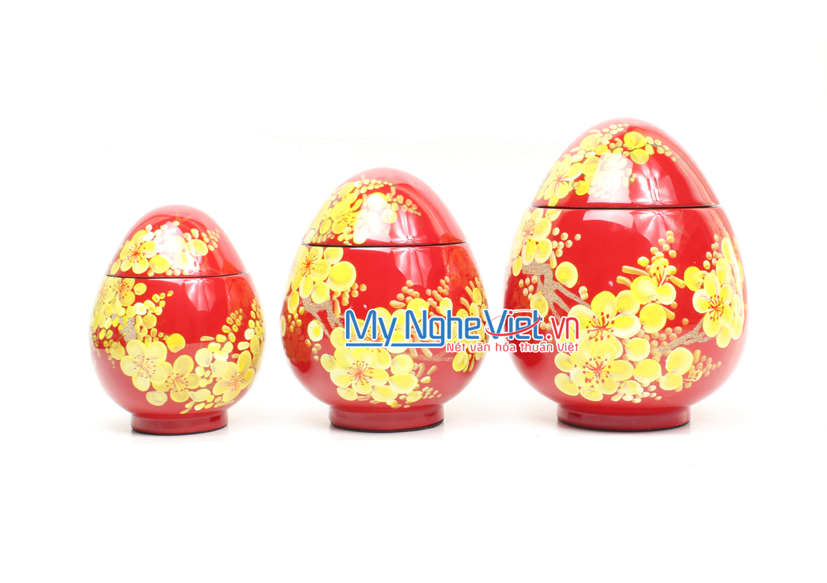 Bộ ba hũ trứng đỏ vẽ hoa mai vàng