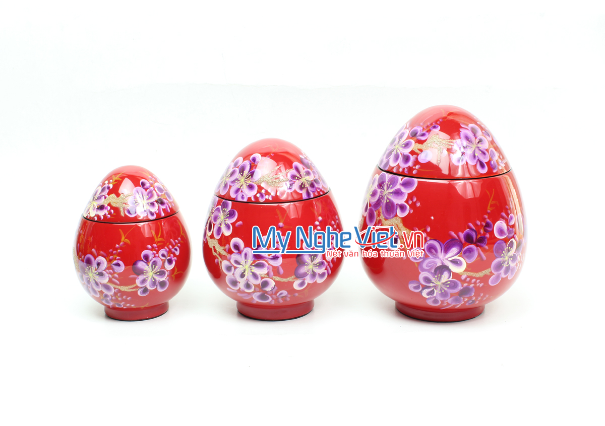 Bộ ba hũ trứng đỏ vẽ hoa mai hồng
