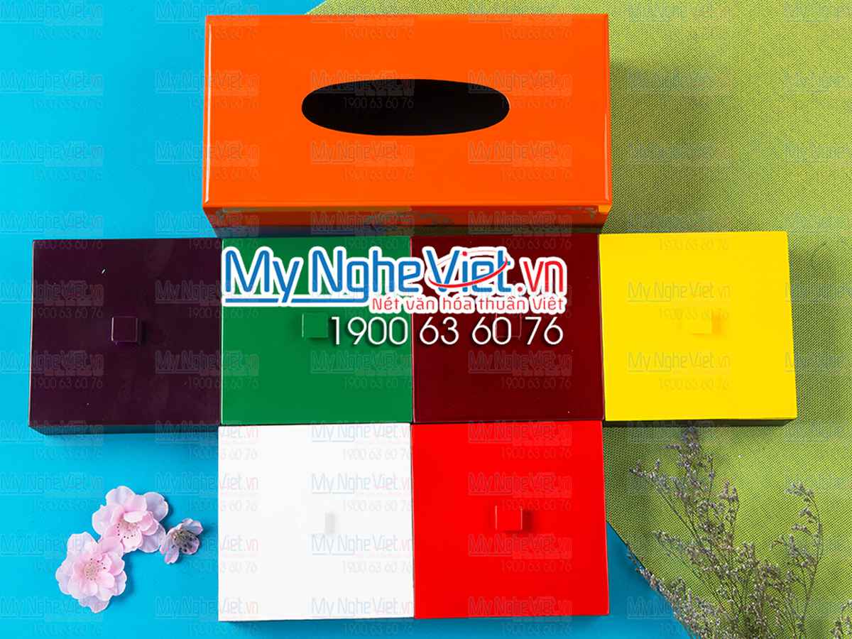 Bộ hộp mứt + hộp khăn giấy chữ nhật khắc hoa hồng cam MNV-QT010