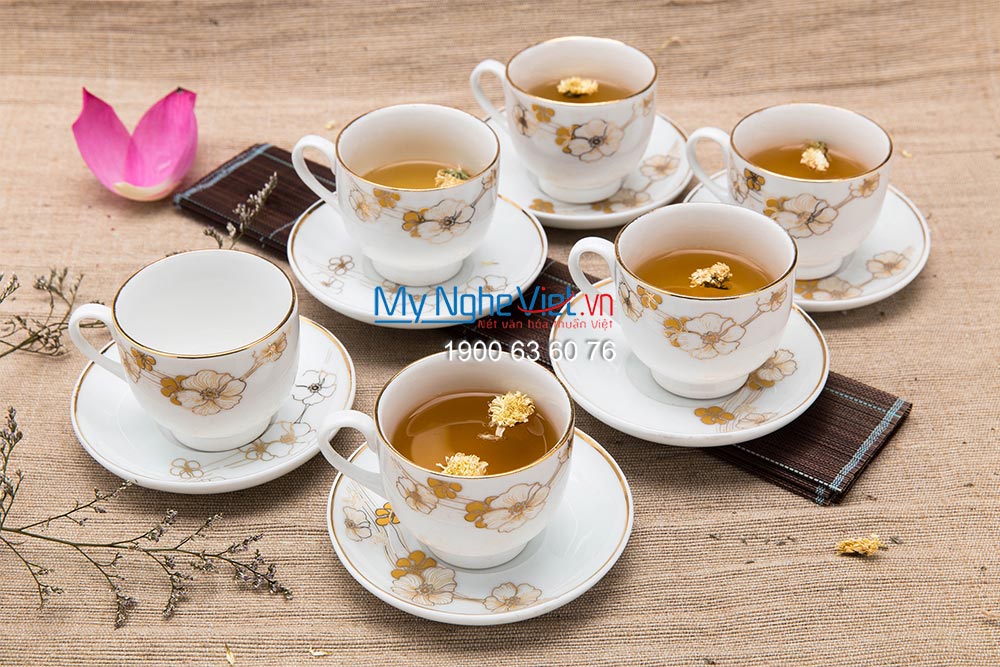Bộ bình trà Bát Tràng Men Trắng viền vàng MNV-TS009-1 (Hàng Hợp đồng)