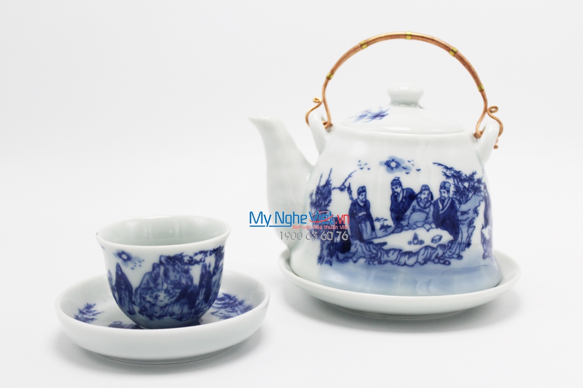 Bat Trang Tea set with Glossy Glaze and Eight Elves Painting MNV-TS510