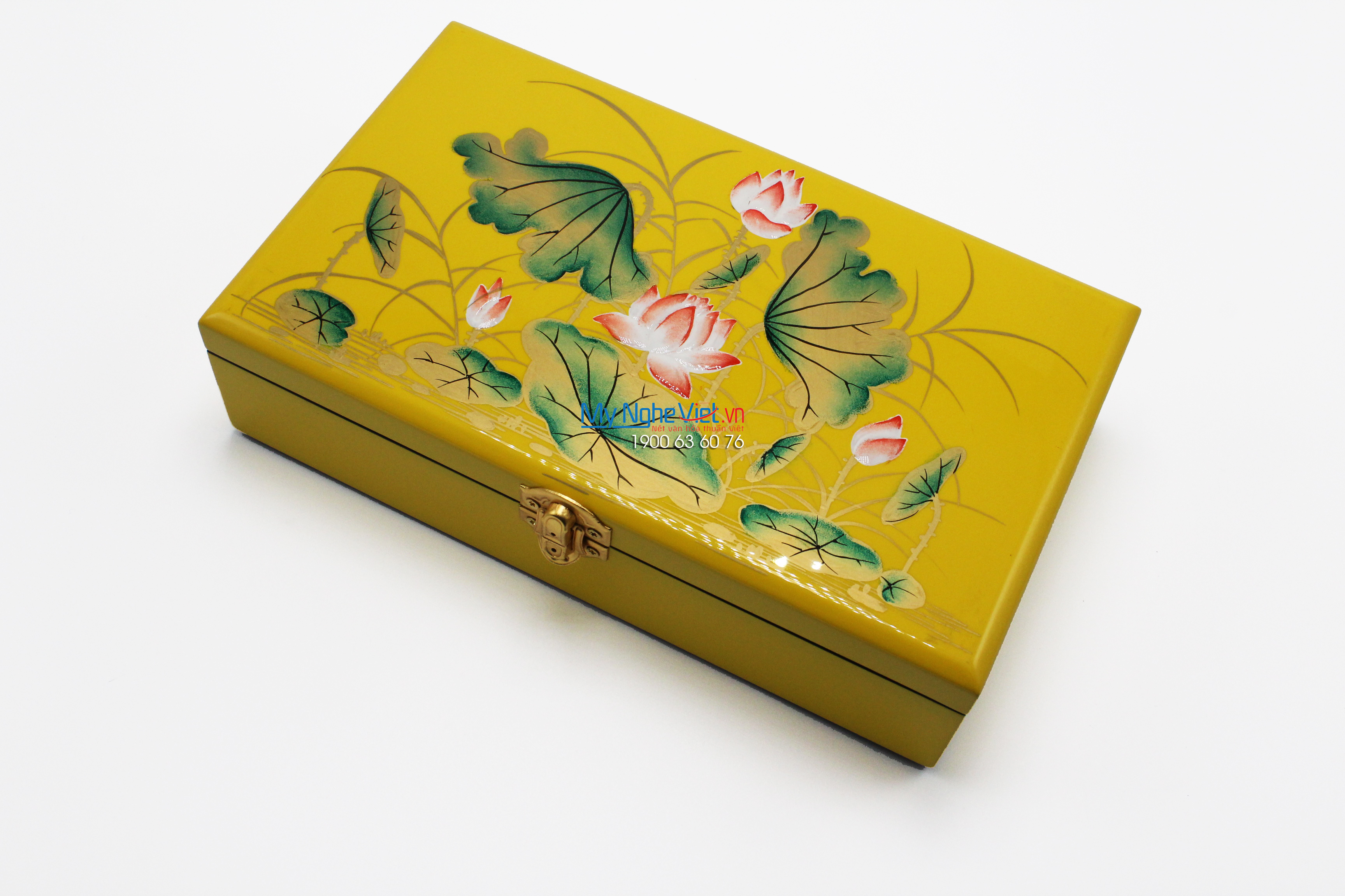 Lotus painting on the yellow surface lacquer Jewellery Box MNV-SPCC007