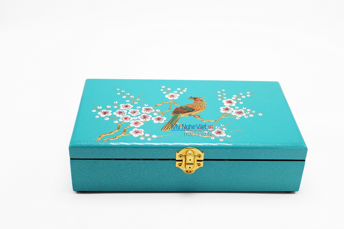 Jewellery Box with Painting of Bird on Peach tree and Blue background MNV-SPCC019-1