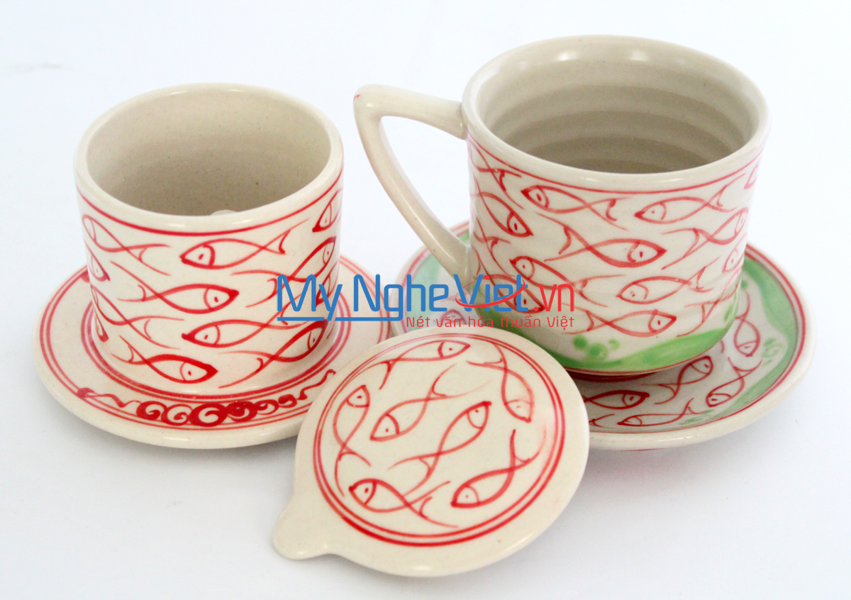 Pottery Coffee Filter (Dripper) with Red Fish Pattern (with saucer) MNV-CFT004