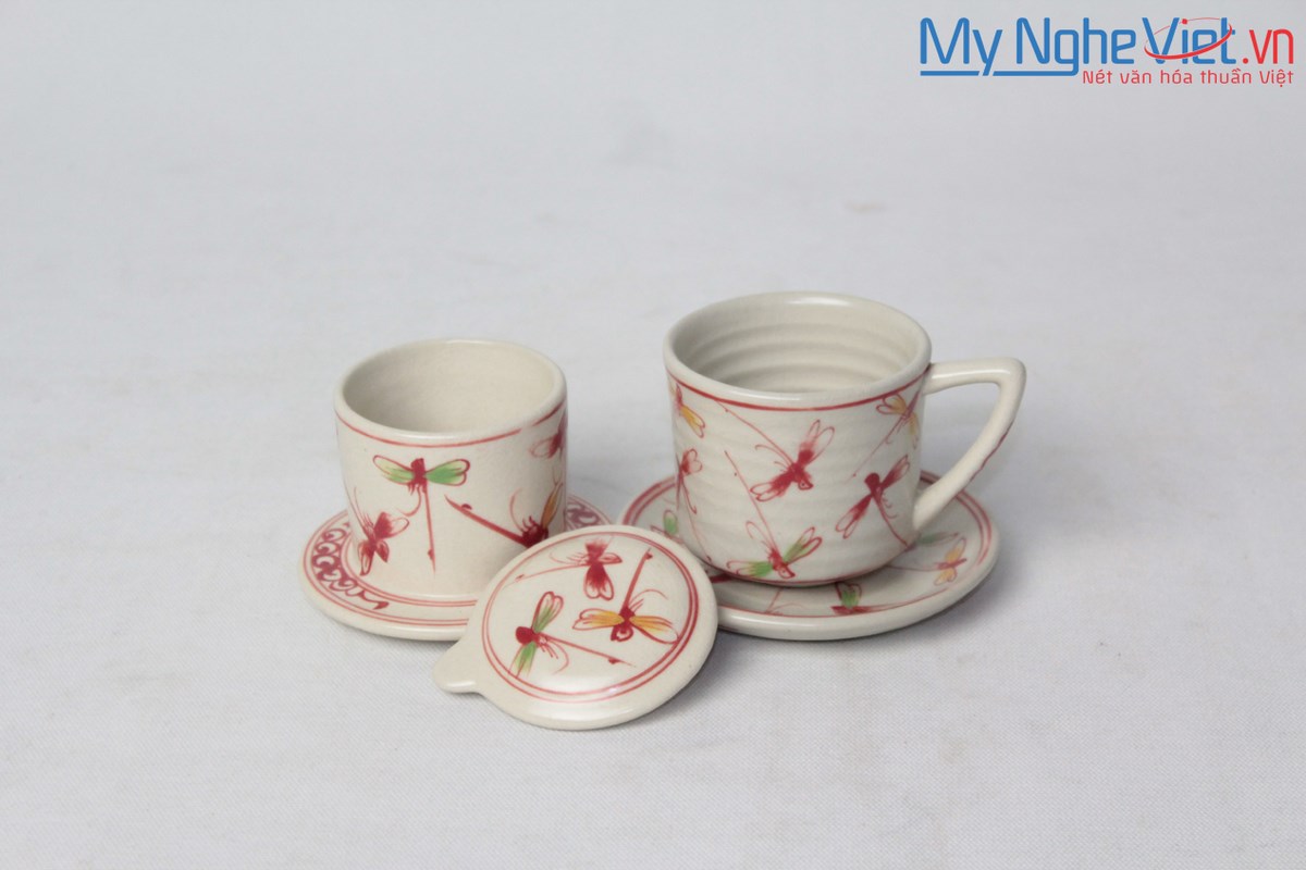 Pottery Coffee Filter (Dripper) with Red Dragonfly Pattern (with saucer) MNV-CFT006