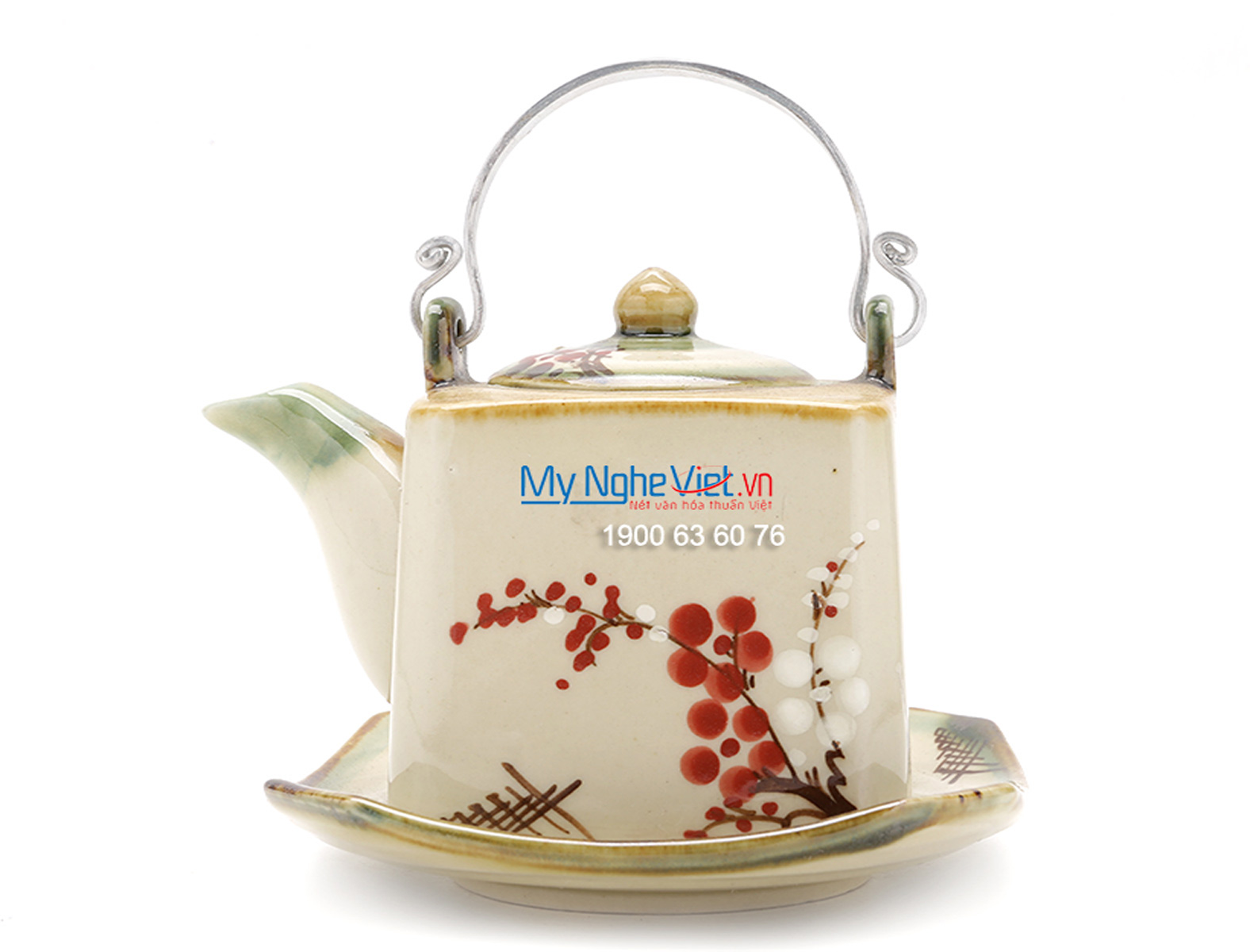 Bat Trang Tea Set with Glossy Square Glaze, Peach Blossom Pattern, and Aluminium Strap MNV-BT256