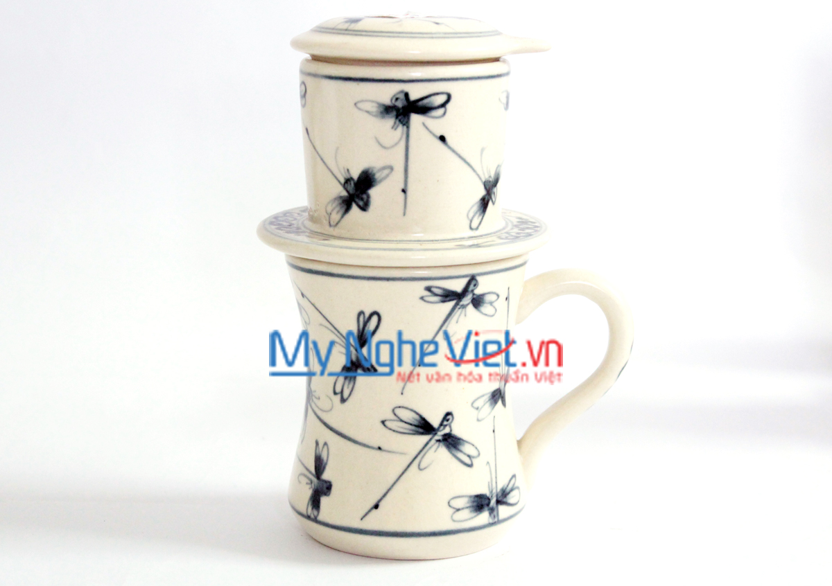 Pottery Coffee Filter with Blue Dragonfly Pattern MNV-CFC06