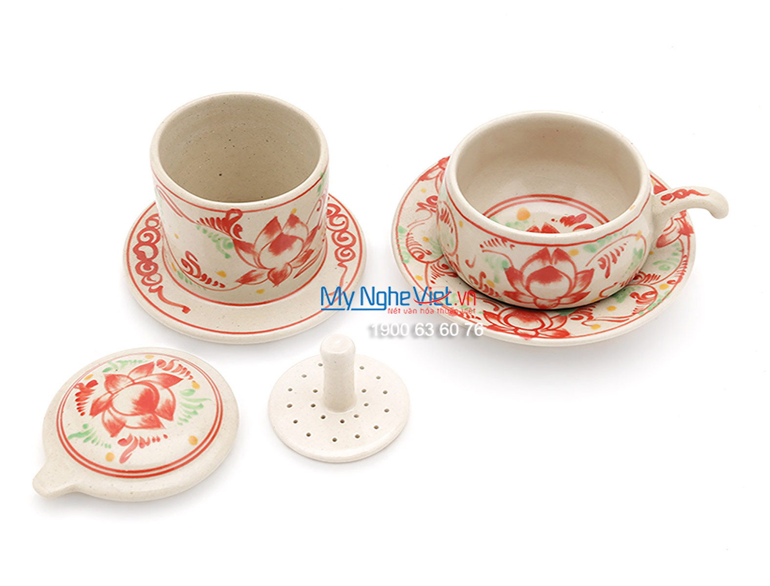 Pottery Coffee Filter with Red Lotus Flower Pattern (low) MNV-CF004/2