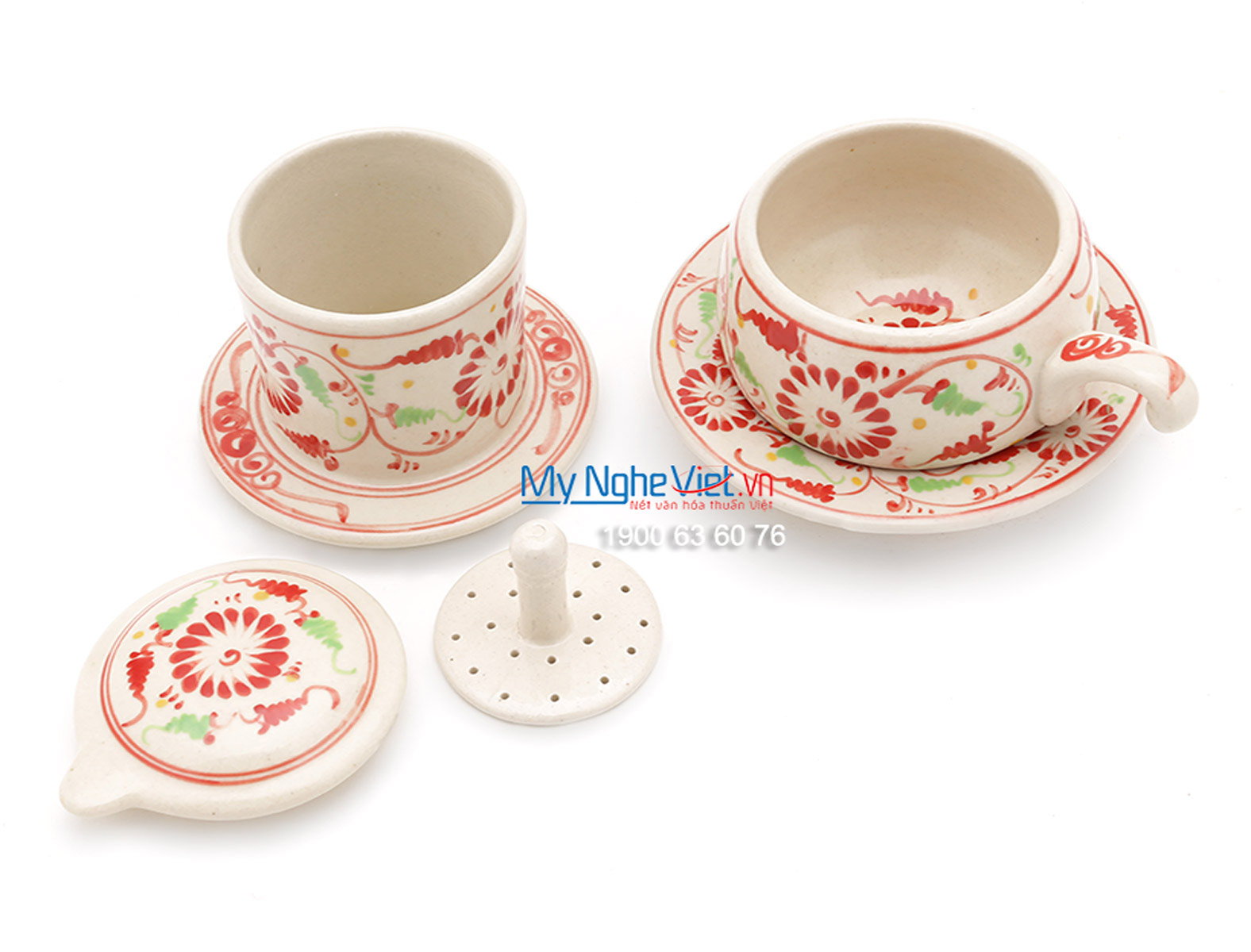 Pottery Coffee Filter with Red Chrysanthemum Pattern (low) MNV-CF005/2
