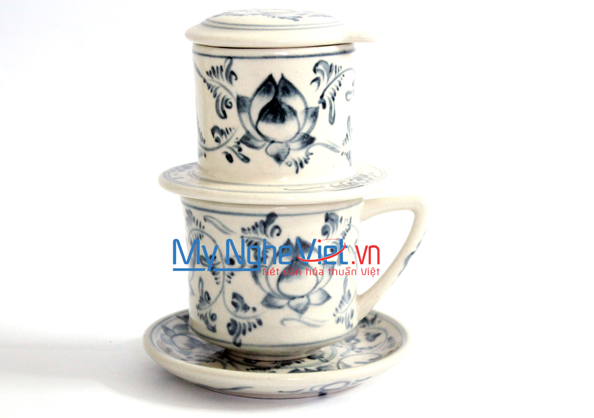 Pottery Coffee Filter with Green Lotus Flower Pattern (with saucer) MNV-CFT001