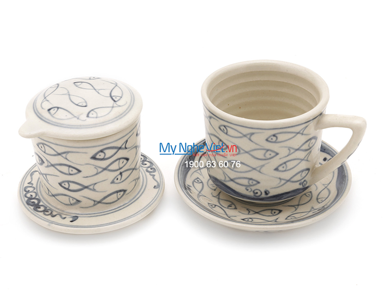 Pottery Coffee Filter with Blue Fish Pattern (with saucer) MNV-CFT003