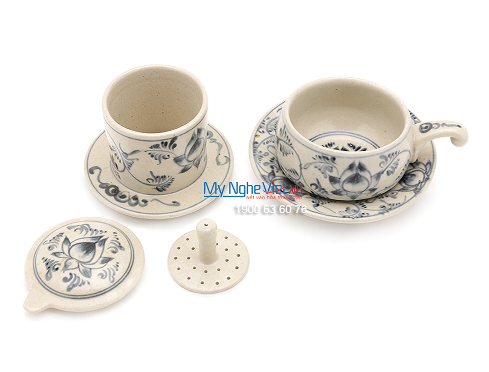 Pottery Coffee Filter with Blue Lotus Flower Pattern (low) MNV-CF004/1