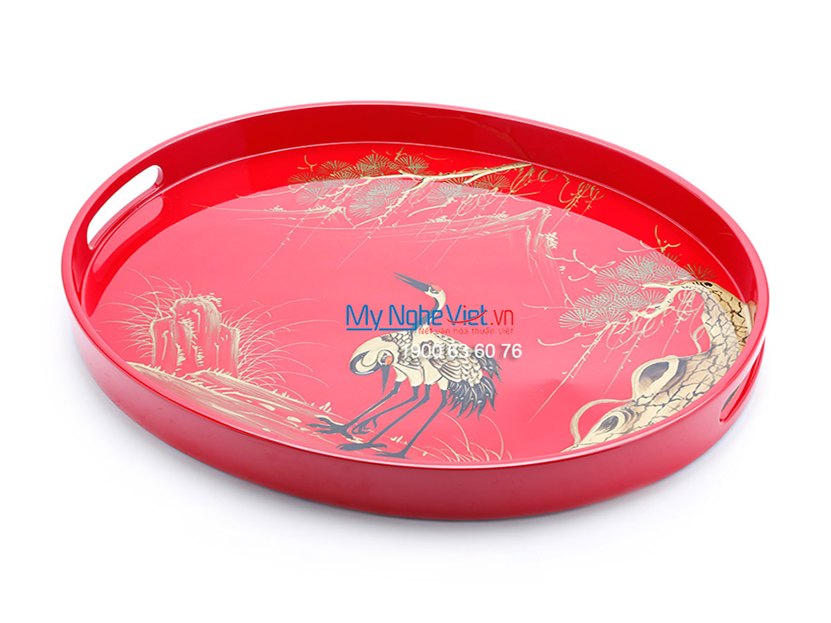 A Pair of Crane and  Cedrus tree Lacquer Painting Oval Tray  MNV-KOV01