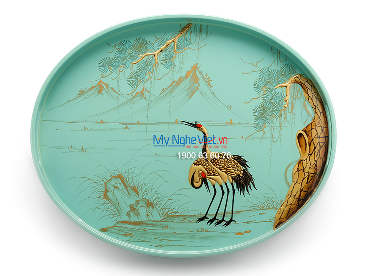 A Pair of Crane and  Cedrus tree Lacquer Painting Oval Tray MNV-KOV02