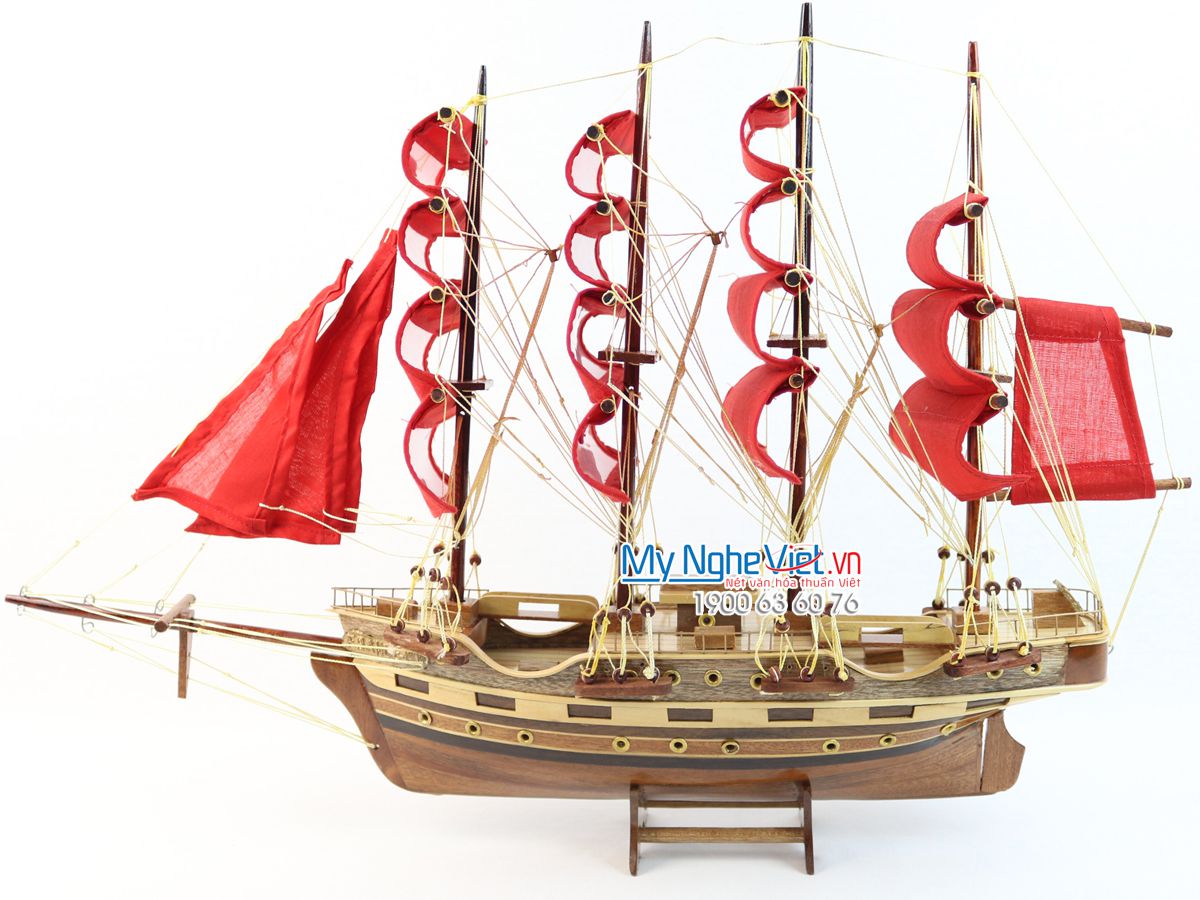 Tàu thuyền mô hình France 2 thân 40cm buồm đỏ MNV-TB026-3