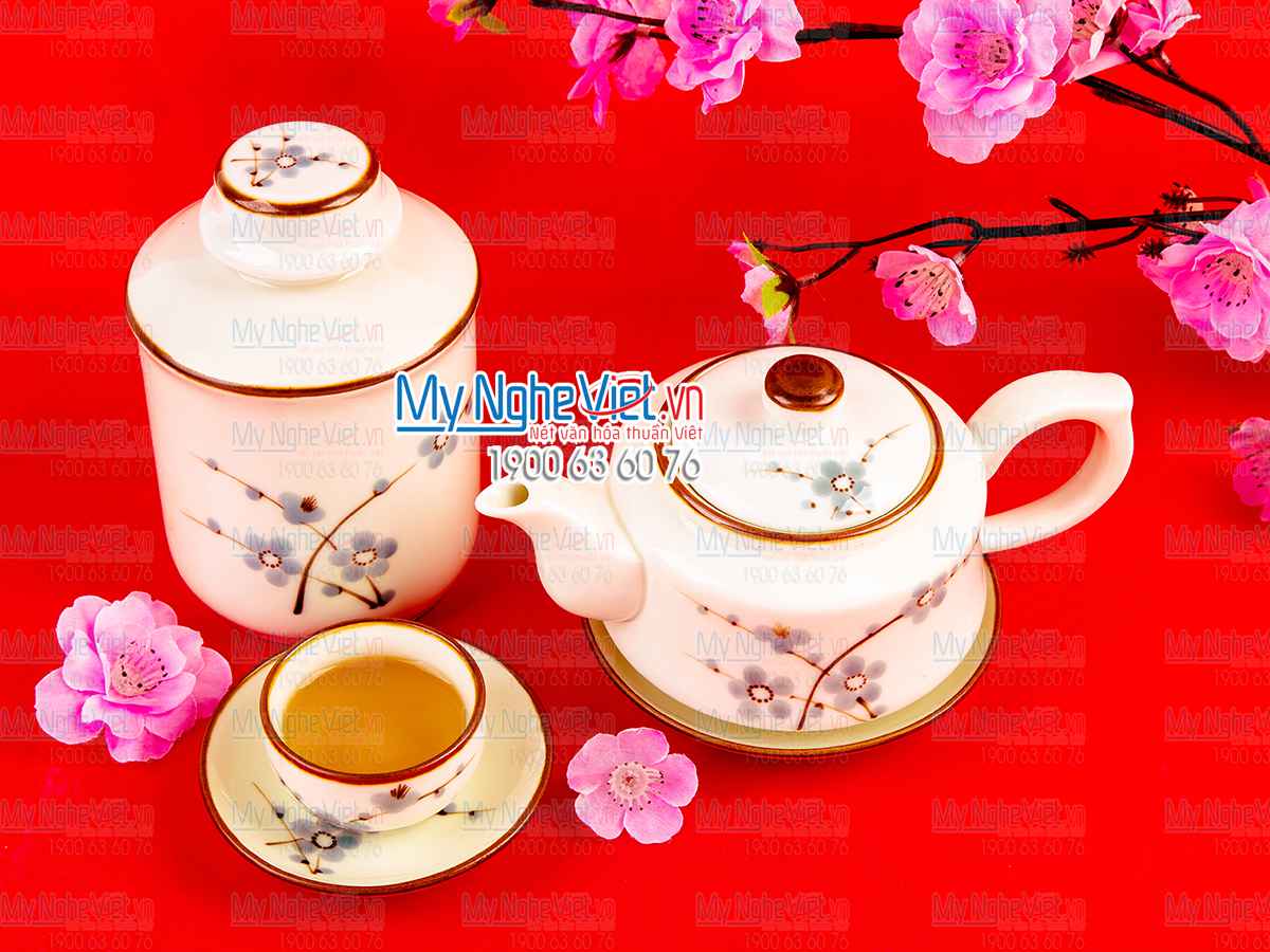 Bộ bình trà men trắng vẽ đào xanh MNV-CBBT01-2