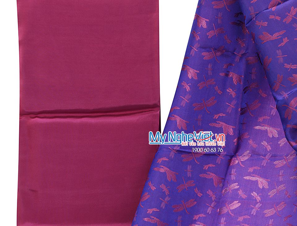 Lụa áo dài Hà Đông họa tiết chuồn hồng nền tím MNV-LHD15