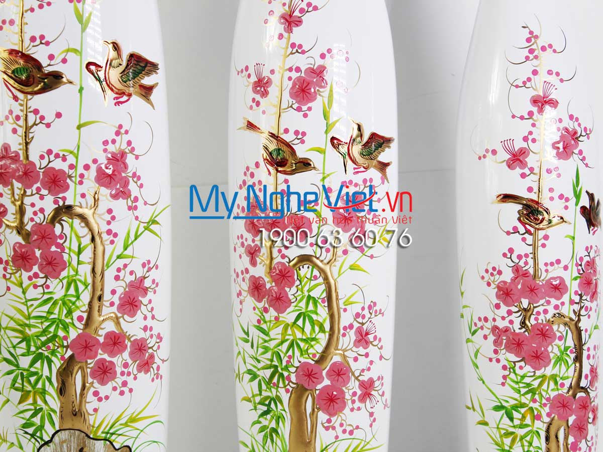Bộ ba lọ hoa sơn mài hoa mai đắp nổi H55-66-74 MNV-LHSM700-1