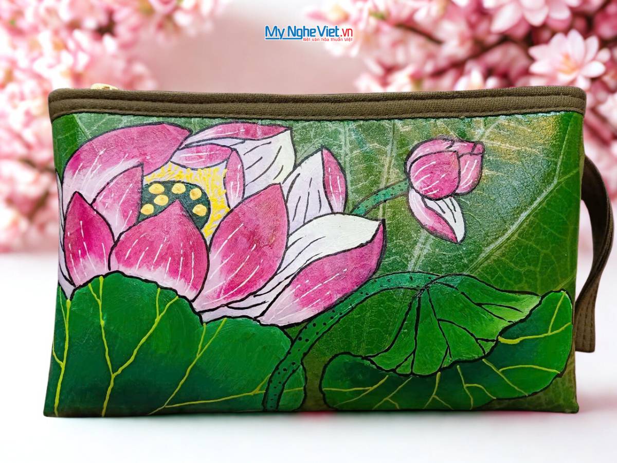 Túi sen nhỏ vẽ tay sen hồng nền xanh - MNVTN08