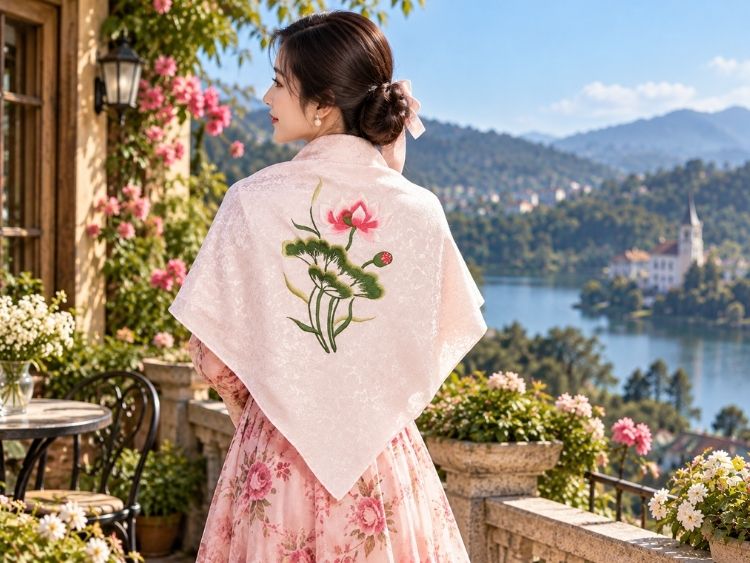 Khăn Lụa Vuông Thêu Sen Dây Màu Hồng Phấn 90x90cm KLTA9090/20