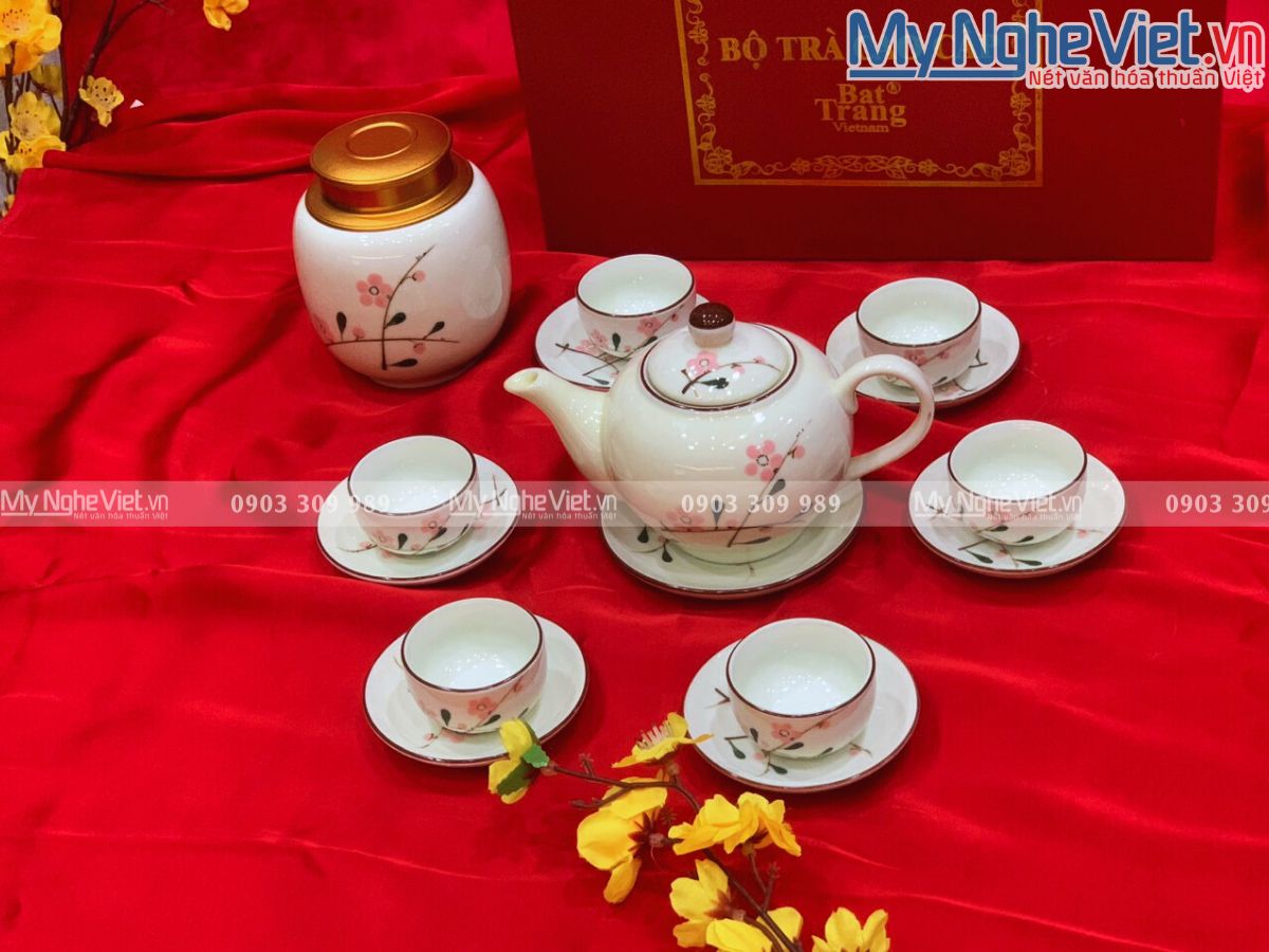 Bộ bình trà dáng bưởi + hũ trà vẽ cao đào hồng MNV-BTHBT02