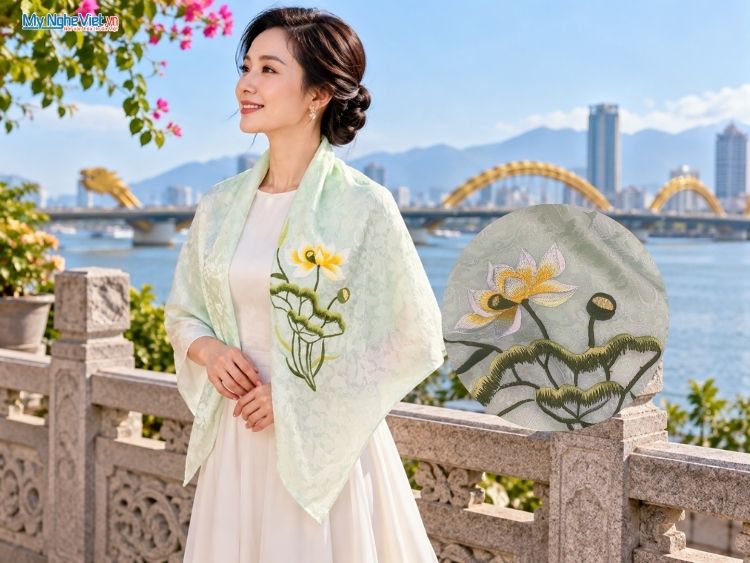 Khăn Lụa Vuông Thêu Sen Đuôi Công Màu Xanh Mint 90x90cm KLTA9090/19