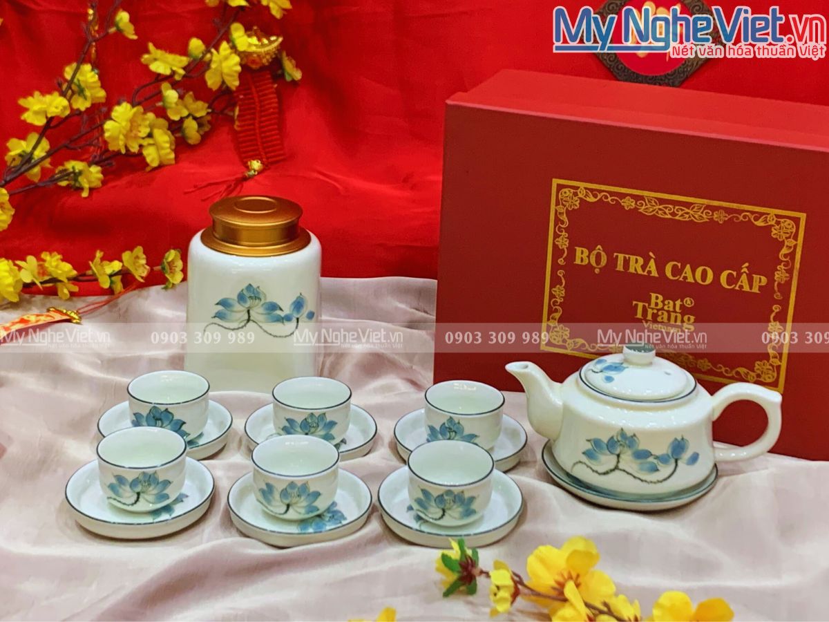 Bộ bình trà dáng vuông + hũ trà sẽ sen xanh MNV-BTHBT01