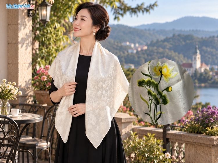 Khăn Lụa Vuông Thêu  Sen Song Hỷ Màu Trắng 90x90cm KLTA9090/18.1